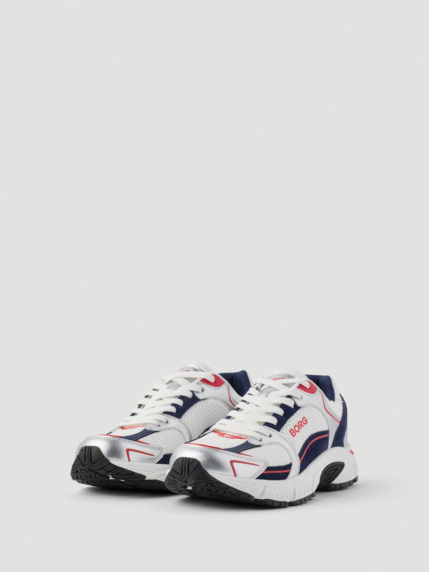 Women's Alley Sneakers in White and Navy for running, with metallic silver accents and a red Borg logo. - Image 3