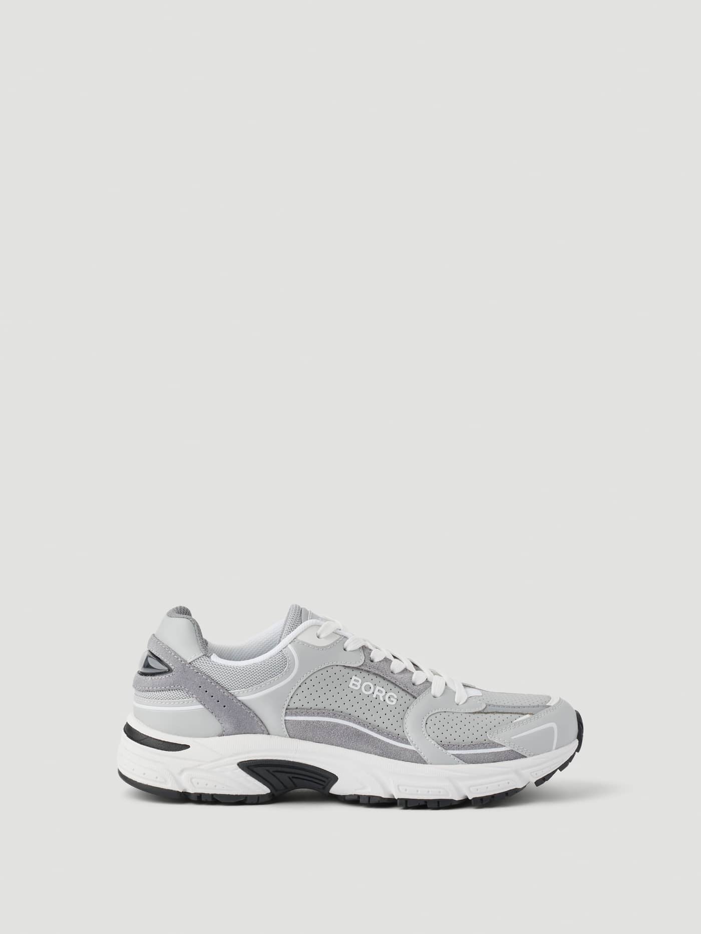 Vista lateral de las Women's Alley Sneakers en gris y blanco con diseño técnico inspirado en el running y logo Borg blanco. - Image 1
