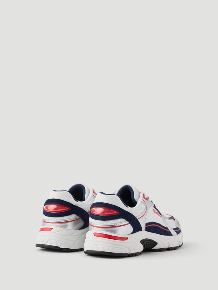 Women's Alley Sneakers in Wit en Marineblauw met rode logo-accenten, achteraanzicht voor een running lifestyle. - Image 4