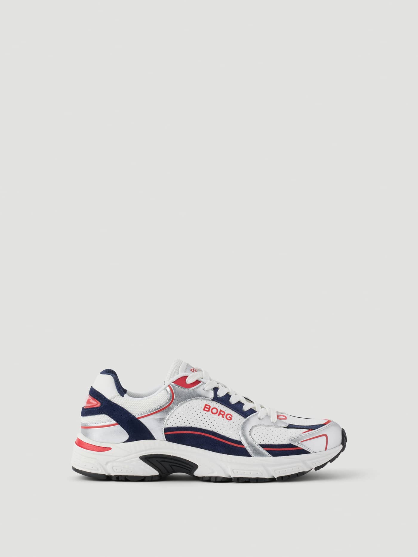 Women's Alley Sneakers en blanco y azul marino con detalles plateados y logo BORG rojo con diseño inspirado en el running. - Image 1