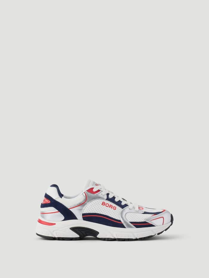 Women's Alley Sneakers in White / Navy (Weiß/Blau) mit silbernen Details und rotem BORG-Logo für das Running.