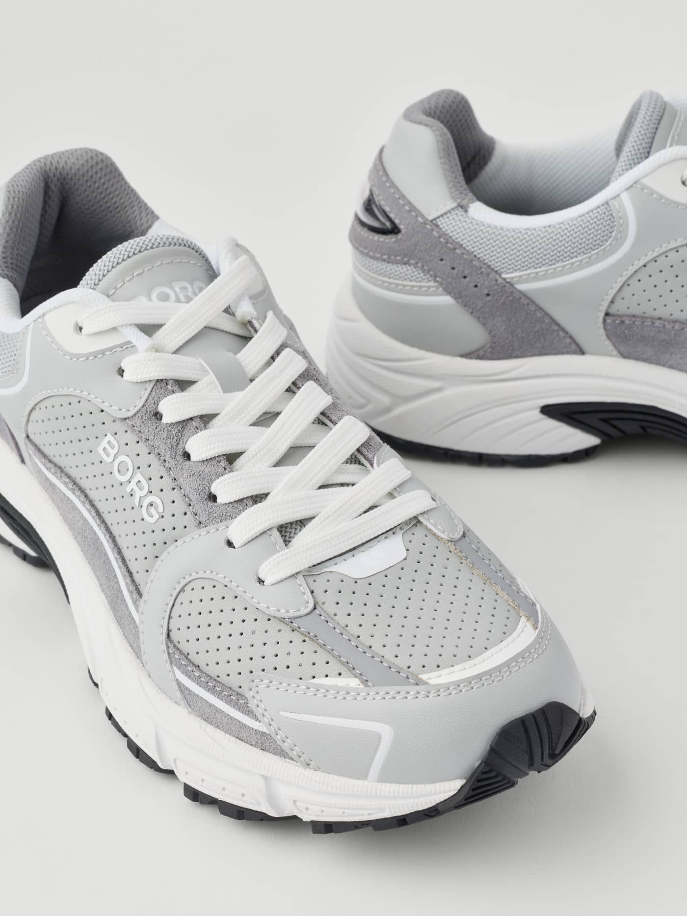Women's Alley Sneakers in Grey and White with a white BORG logo, showcasing a premium running-inspired style. - Image 6