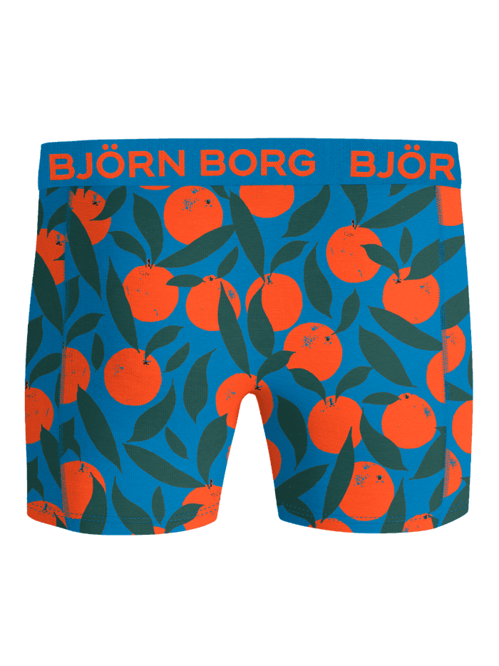 Cotton Stretch Boxers 3-pack met een blauwe, oranje en groene fruitprint en een oranje logo op de tailleband. - Image 3