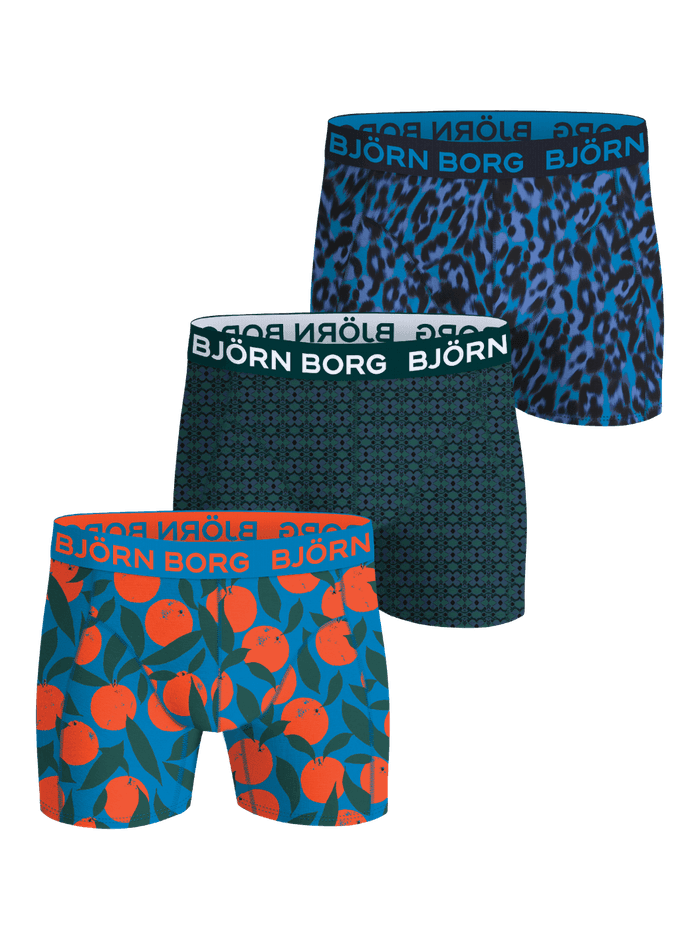 Cotton Stretch Boxers 3-pack of boxer briefs in blue leopard, green geometric, and orange fruit with logo waistbands.