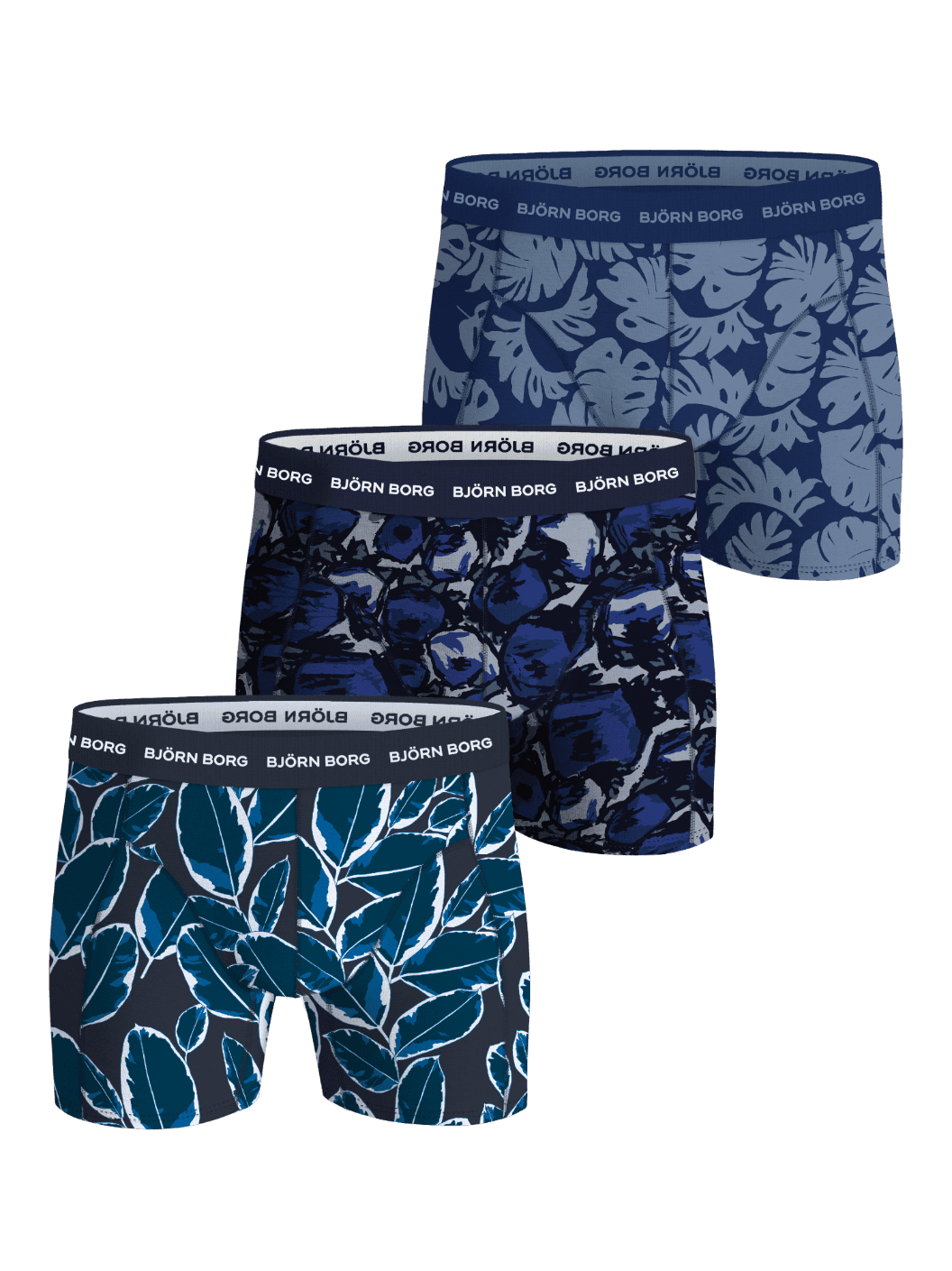 Cotton Stretch Boxers 3-pack med blå och marinblå bladmönster och vit logotyp på resårbandet. - Image 1