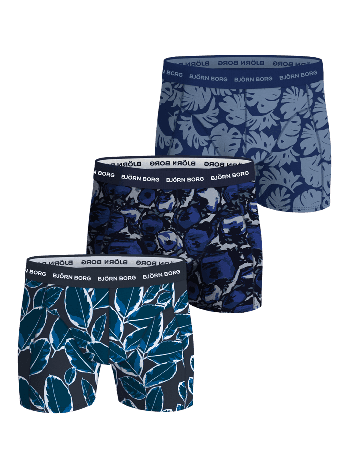 Cotton Stretch Boxers 3-pack in blue and navy leaf patterns, featuring boxer briefs with white logo elastic waistbands.