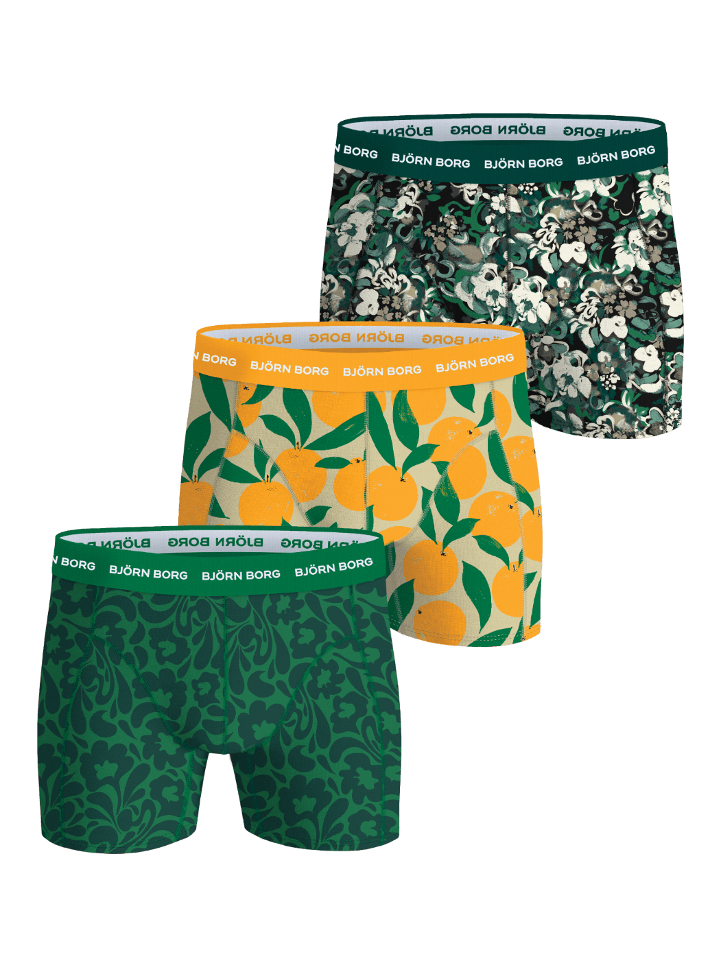 Cotton Stretch Boxers 3-pack i mjuk bomull med grönt blommönster och orange citrusmönster samt vita logotyper. - Image 1