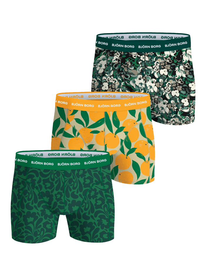 Cotton Stretch Boxers 3-pack in green floral and orange citrus prints with white logos on soft cotton boxer briefs.