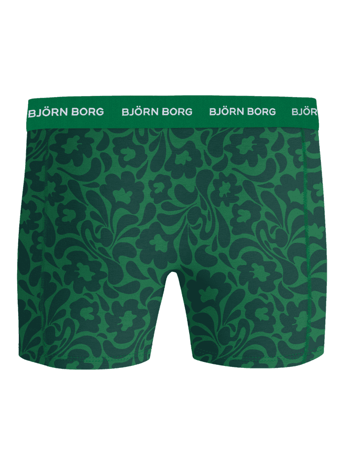 Vooraanzicht van de Cotton Stretch Boxers 3-pack in een groene bloemenprint met een wit logo op de tailleband. - Image 3