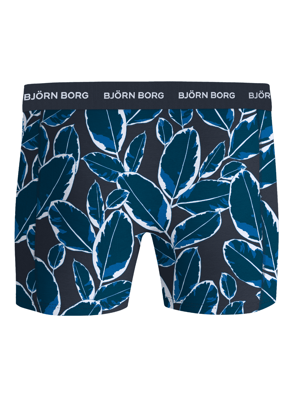 Cotton Stretch Boxers 3-pack boxer briefs with a blue and white leaf print and a white logo on navy waistband. - Image 3