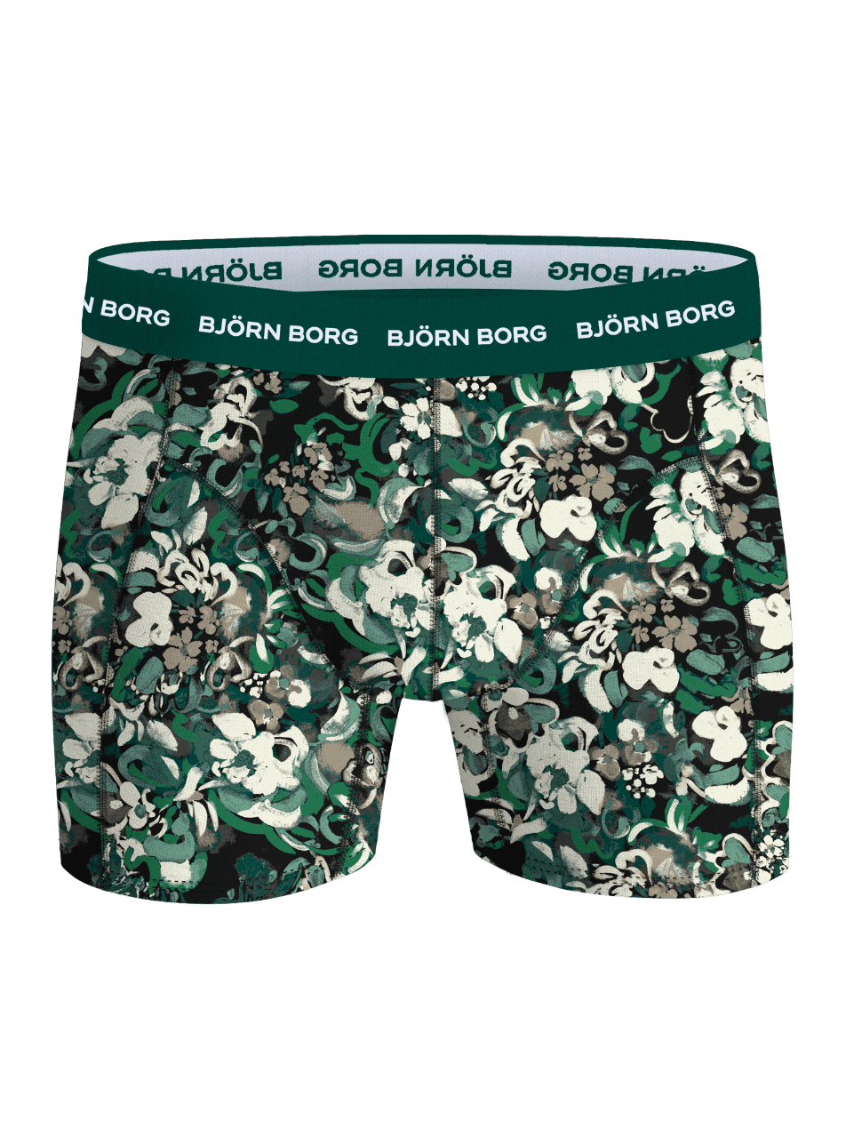 Cotton Stretch Boxers 3-pack in a green, black and white botanical print with white logos on a dark green waistband. - Image 5