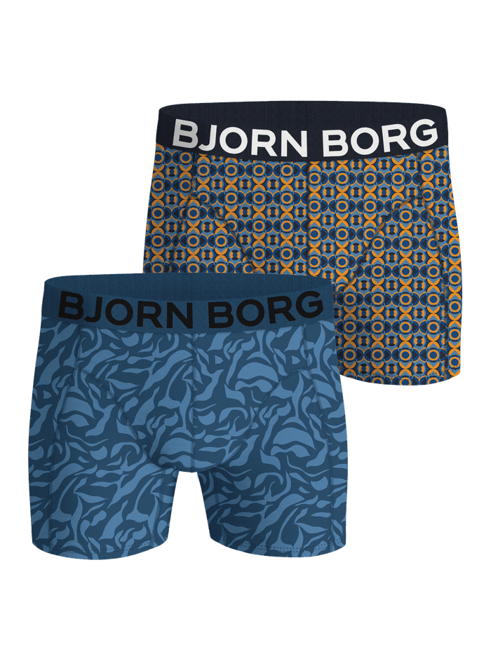 Organic Cotton Stretch Boxers 2-pack in blue swirl and orange geometric prints with white and black logo waistbands.