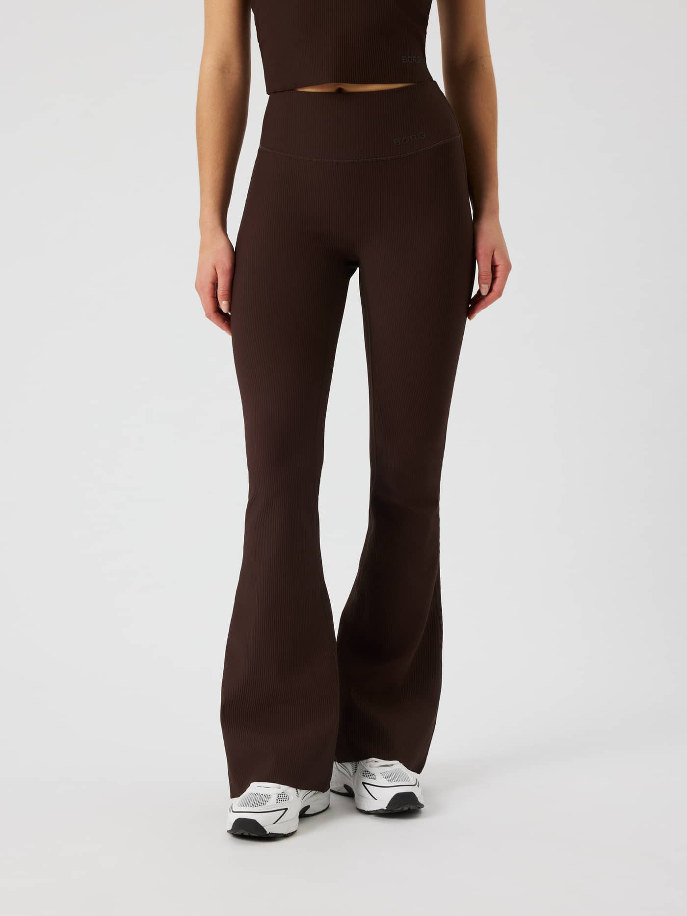 Studio Ribbed Flare Tights Tall in Coffee Bean (Brown) with a ribbed finish, flared leg, and tonal logo for training. - Image 2