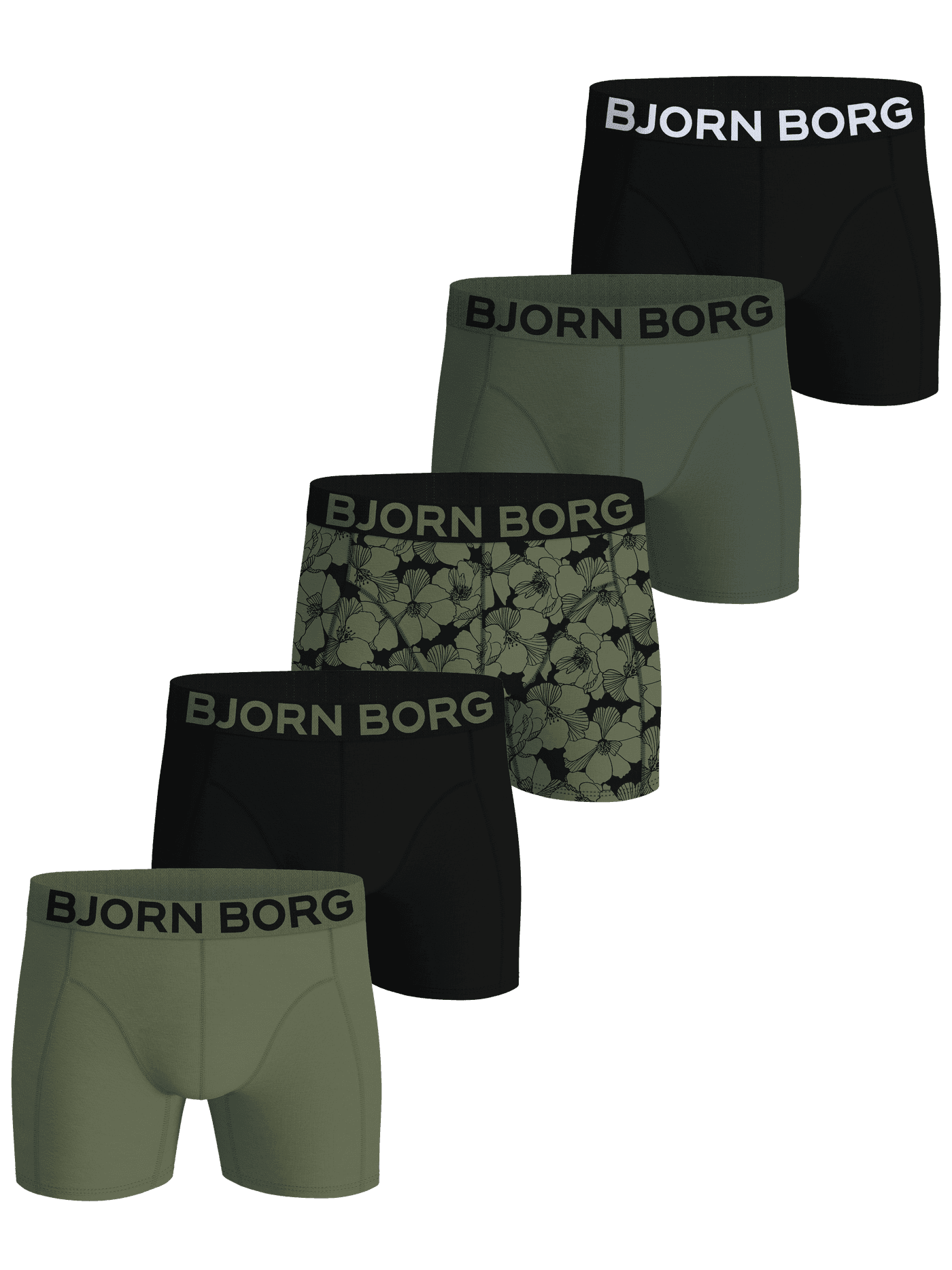 Flat lay of the Organic Cotton Stretch Boxers 5-pack in black, green, and a floral print, showcasing the elastic waistbands. - Image 1