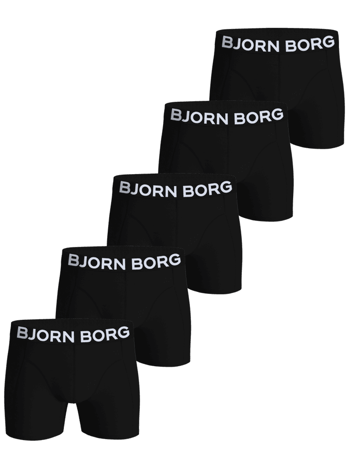 Organic Cotton Stretch Boxers 5-pack in Black, featuring five soft cotton boxer briefs with white logos on the waistbands.