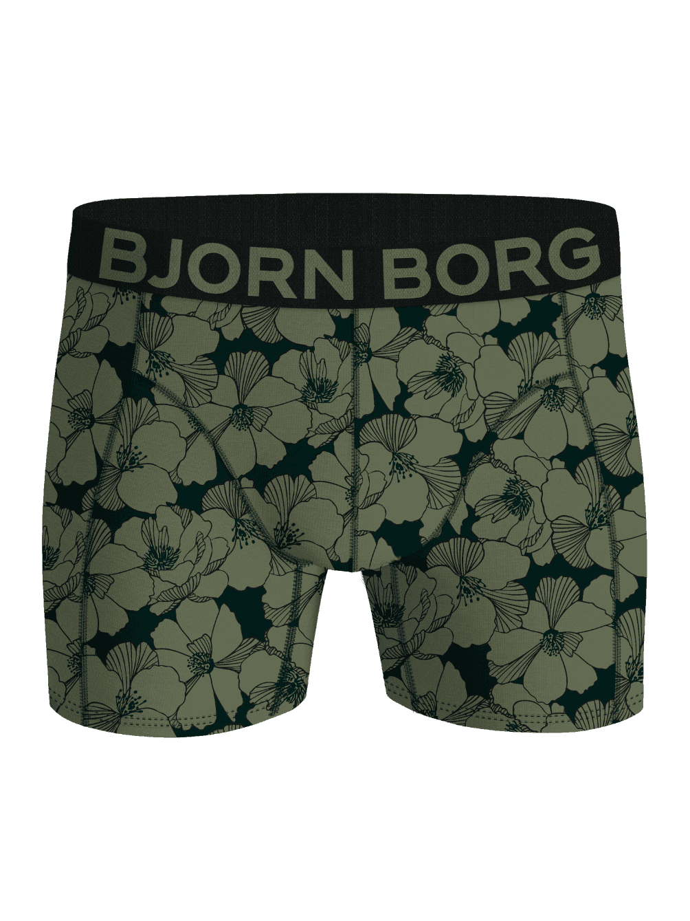 Organic Cotton Stretch Boxers 5-pack featuring green floral boxer briefs with a black waistband and green logo. - Image 5