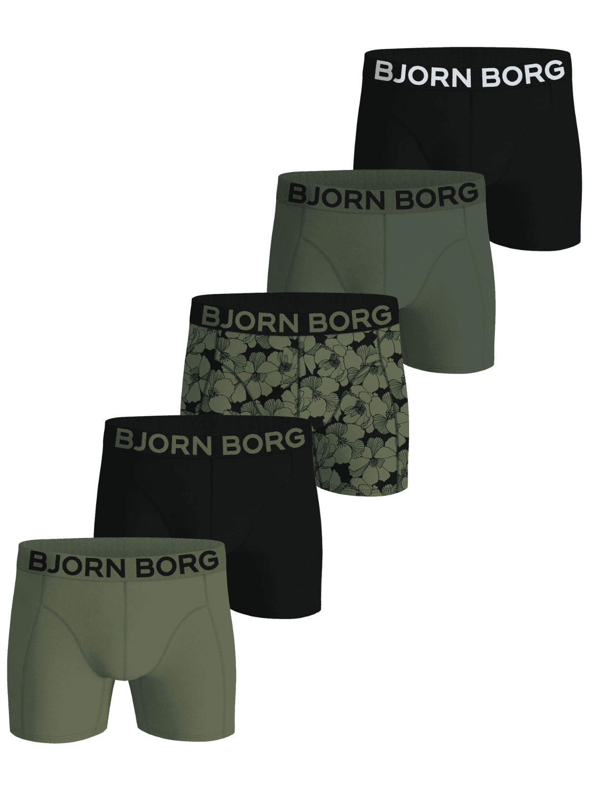 Organic Cotton Stretch Boxers 5-pack in zwart, groen en bloemenprint met een zachte logotailleband in zwart, wit en groen. - Image 1