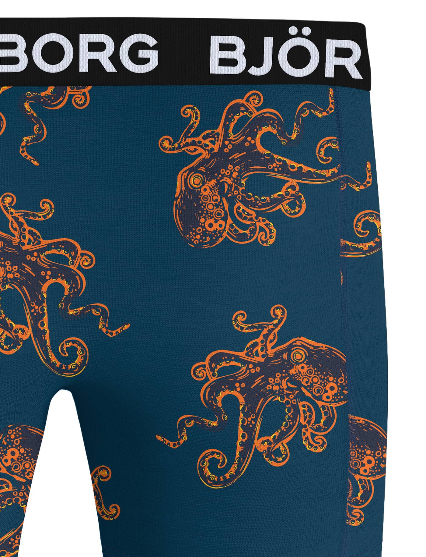 Close-up of Björn Borg Microfiber Boxers 1-pack boxer briefs in Orange and Navy with an octopus print and white logo. - Image 3