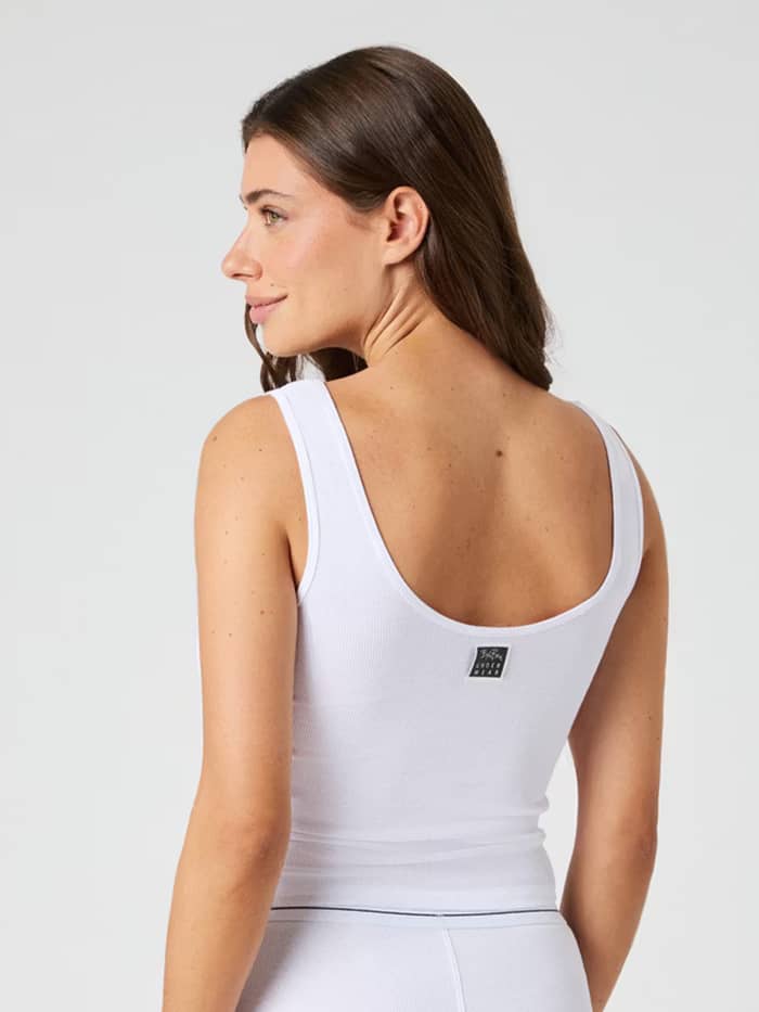 Back view of the Core Original Rib Tank in Brilliant White (White) featuring a deep neckline and back logo label.