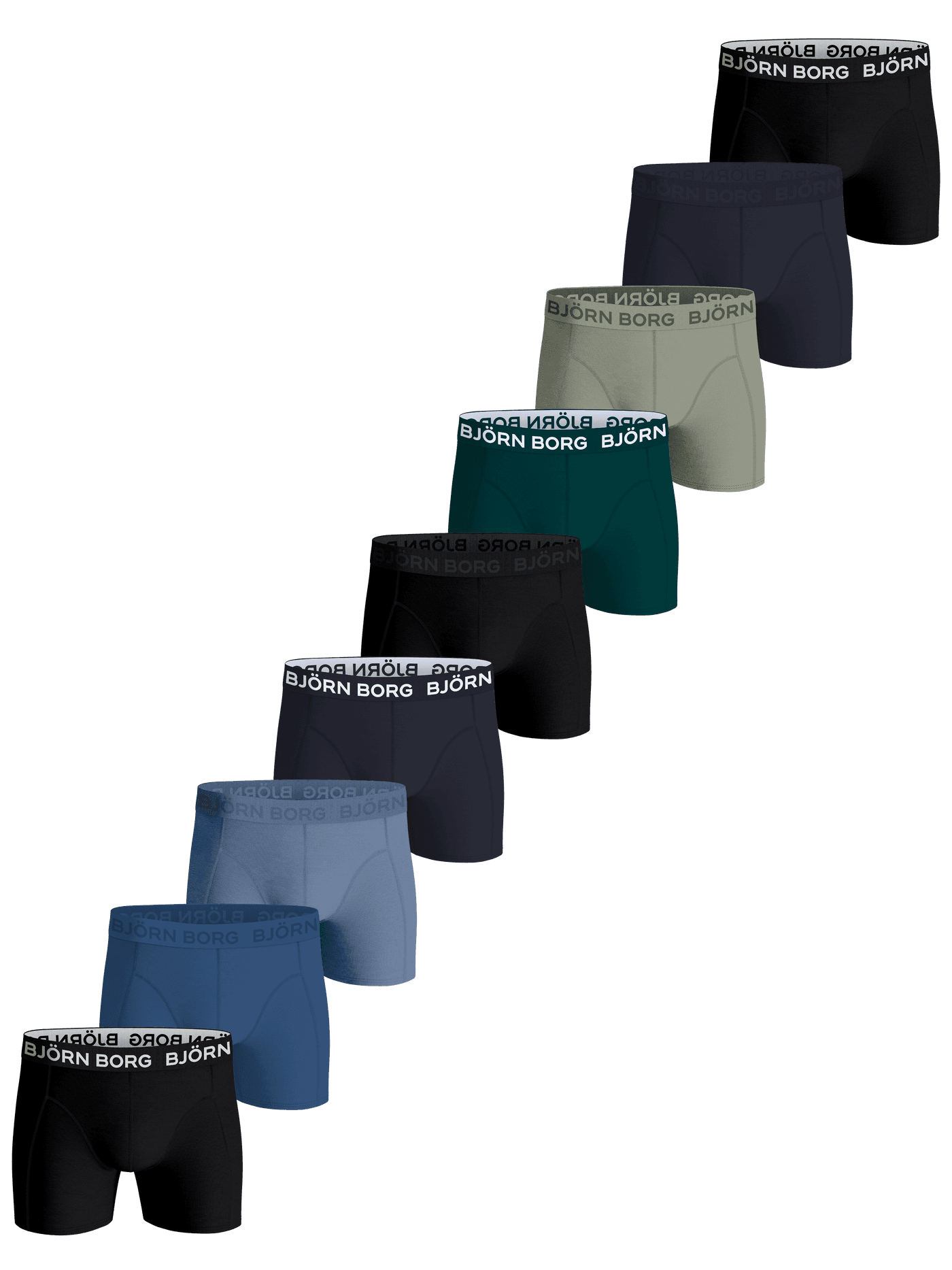 Cotton Stretch Boxers 9-pack in black, blue, green, and navy, featuring boxer briefs with a 38 mm white logo waistband. - Image 1