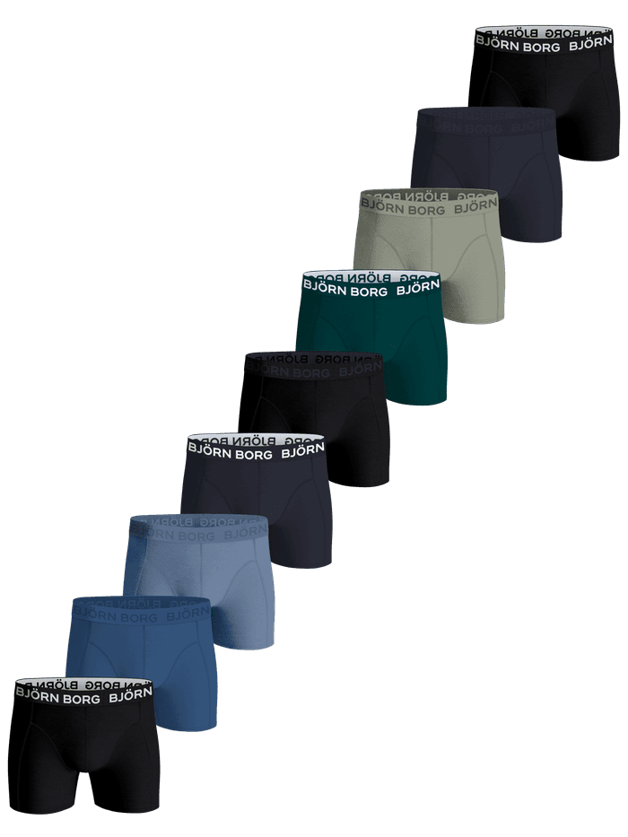 Cotton Stretch Boxers 9-pack in black, blue, green, and navy, featuring boxer briefs with a 38 mm white logo waistband.
