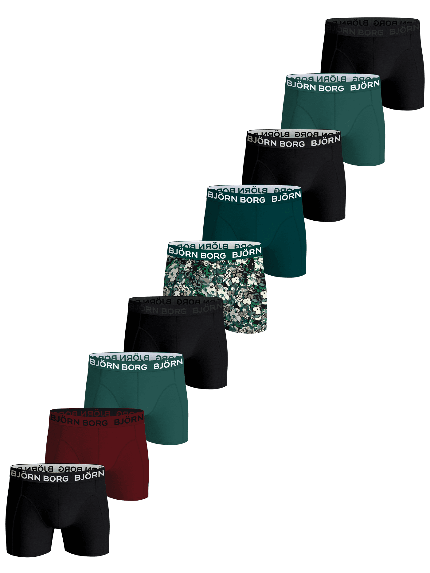 Cotton Stretch Boxers 9-pack of soft boxer briefs in black, green, red, and print with a branded logo waistband. - Image 1