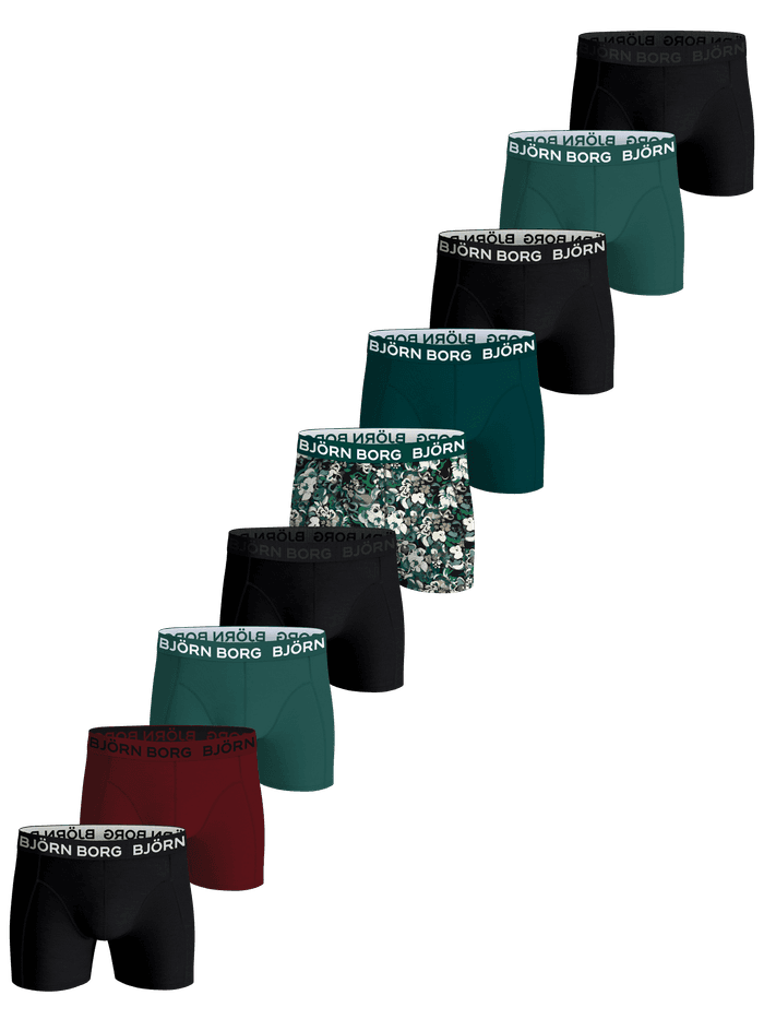 Cotton Stretch Boxers 9-pack of soft boxer briefs in black, green, red, and print with a branded logo waistband.
