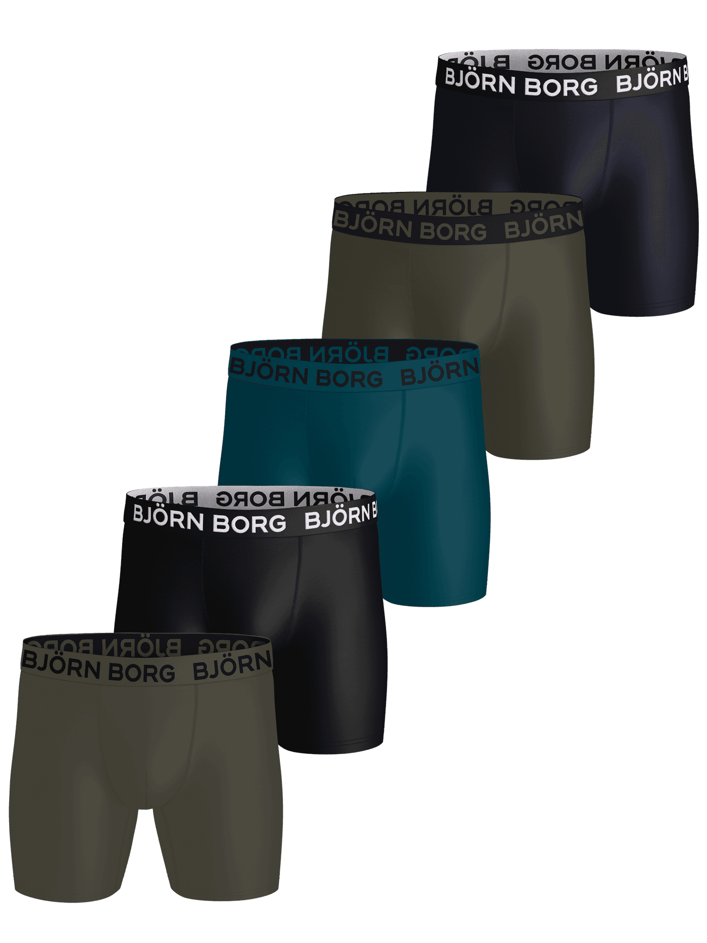 Sports Microfiber Boxers 5-pack of training boxer briefs in navy, green, and black with contrast logos on the waistbands. - Image 1