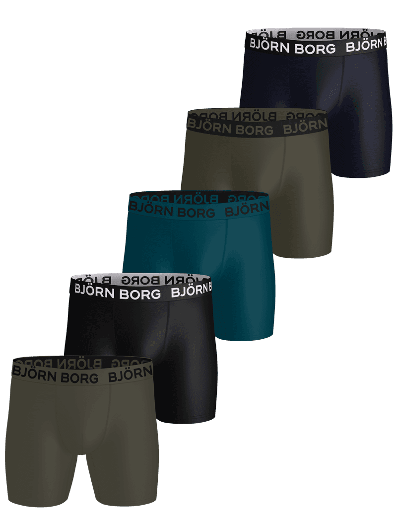 Sports Microfiber Boxers 5-pack i navy, grøn og sort mikrofiber med hvide og sorte logoer til træning.