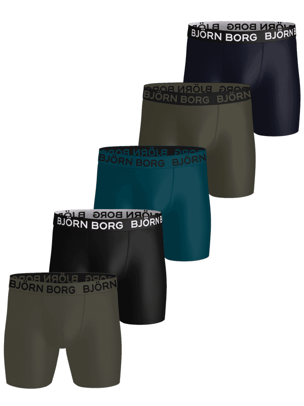 Sports Microfiber Boxers 5-pack of training boxer briefs in navy, green, and black with contrast logos on the waistbands.