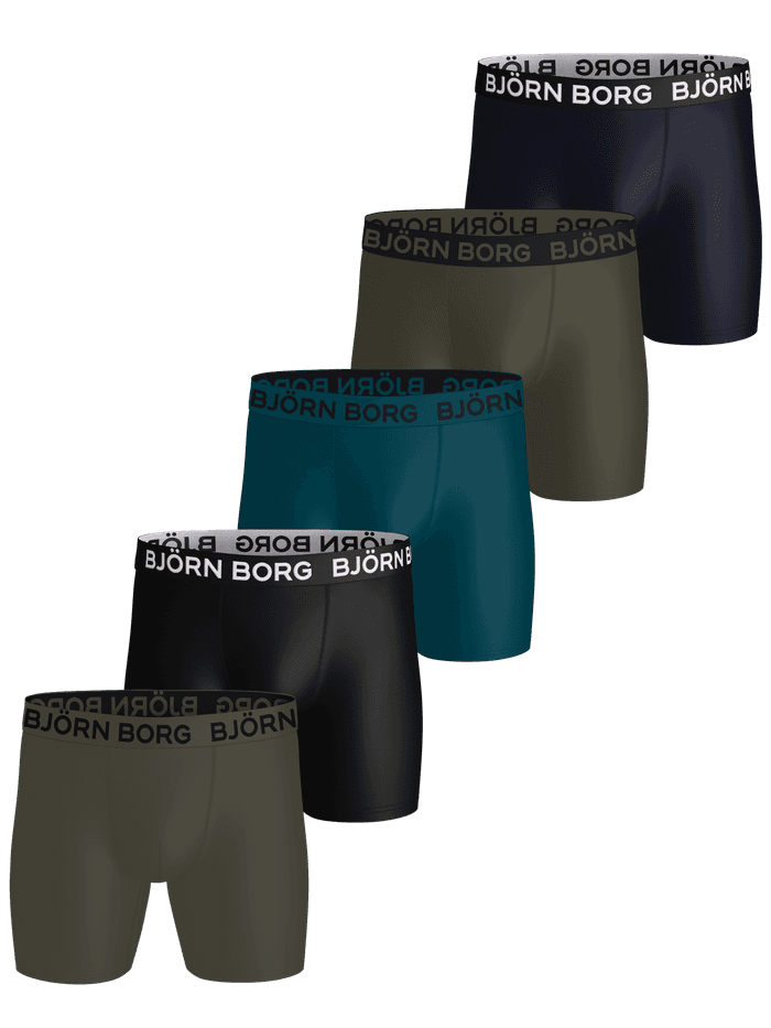 Sports Microfiber Boxers 5-pack of training boxer briefs in navy, green, and black with contrast logos on the waistbands.