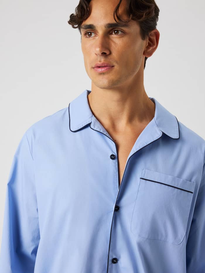 Close-up of the Core Premium Pyjama Shirt in Lavender Lustre (Blue) featuring a chest pocket and piped details.