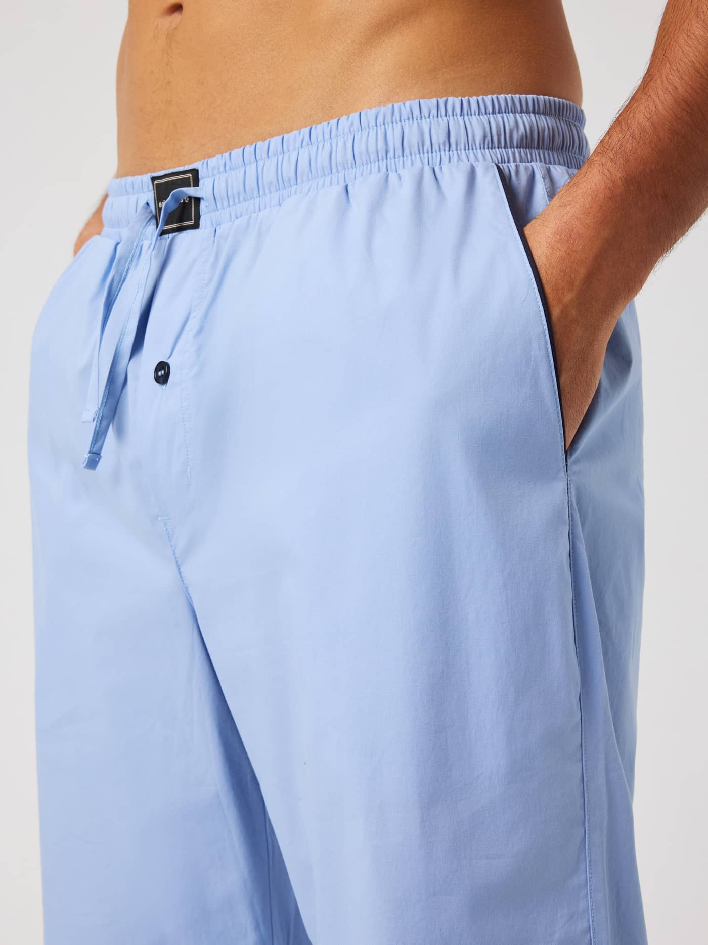 Close-up of the Core Premium Pyjama Pants in Lavender Lustre (Blue) showing the waistband, drawstring, and side pockets. - Image 4