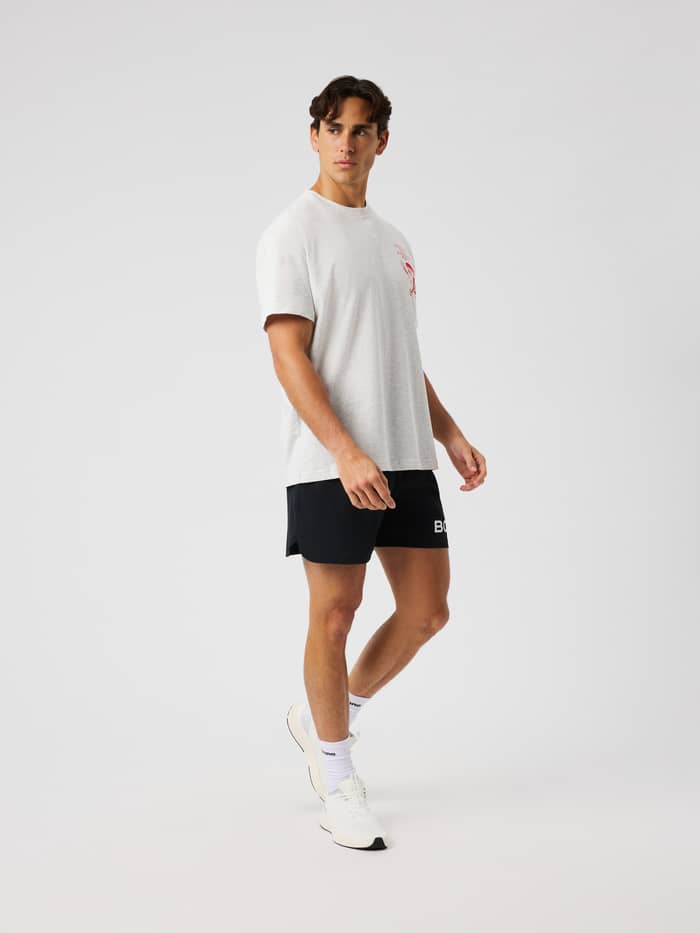 Male model wearing the Borg Gym Oversized T-Shirt in Ultra Light Grey Melange (grey) for training.