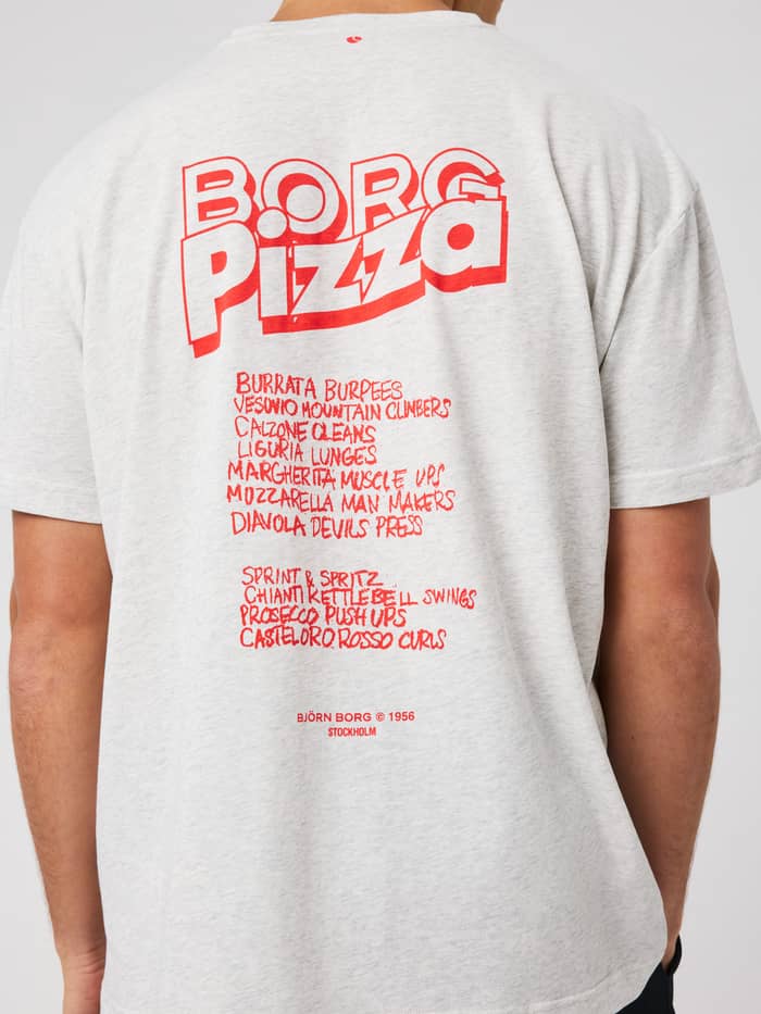Back view of the Borg Gym Oversized T-Shirt in ultra light grey melange (grey) featuring a red logo print for training.