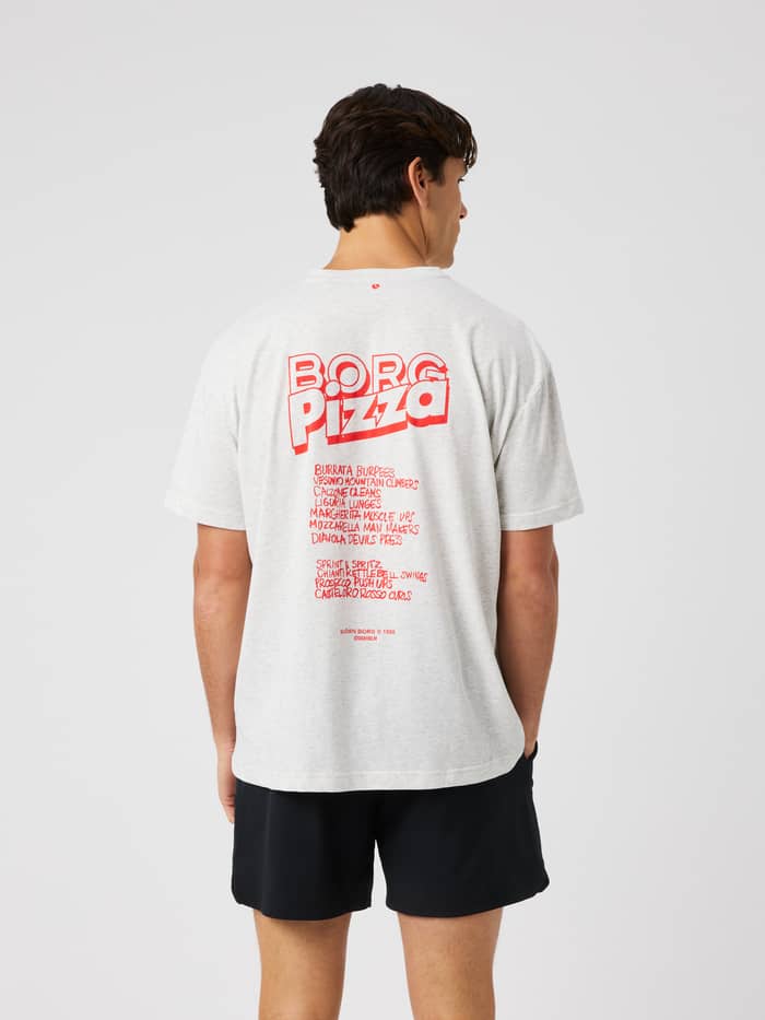Back view of the Borg Gym Oversized T-Shirt in ultra light grey melange (grey) with a red BORG Pizza back print for training.