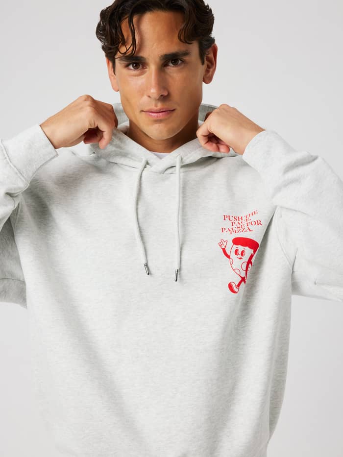 Close-up of the Borg Oversized Hoodie in Ultra Light Grey Melange (grey), featuring a red graphic print on the chest.
