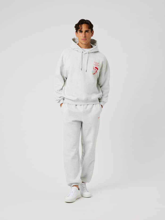 Front view of the Borg Oversized Hoodie in ultra light grey melange, featuring a red chest print.