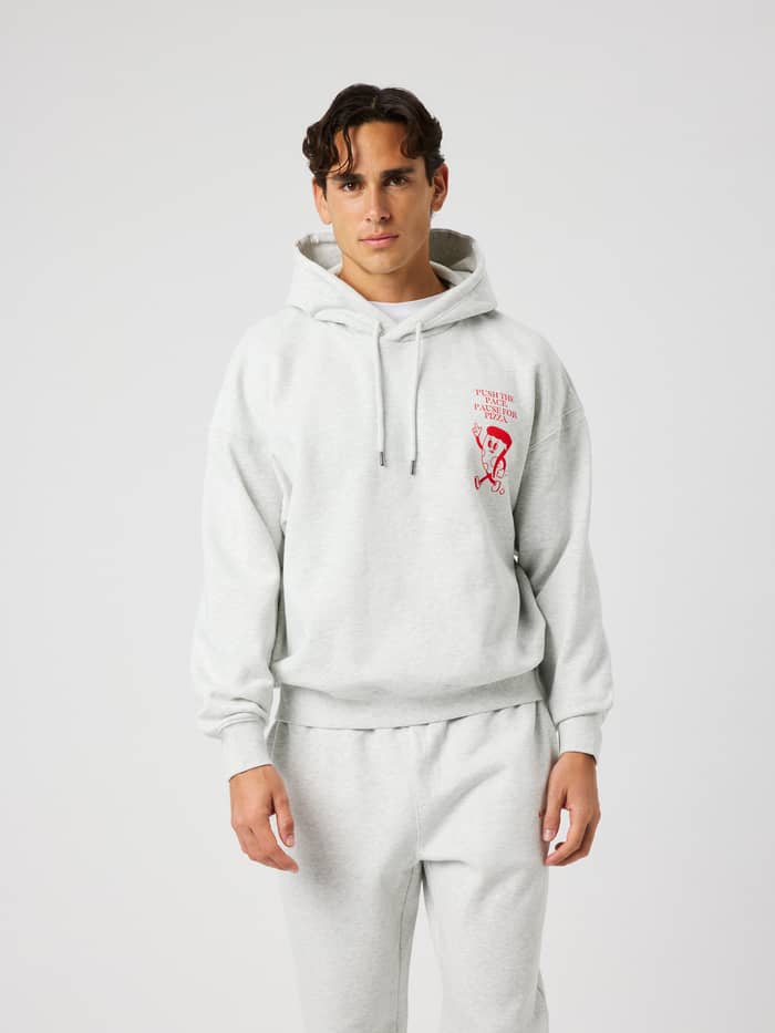 Borg Oversized Hoodie in ultra light grey melange featuring a red chest print.