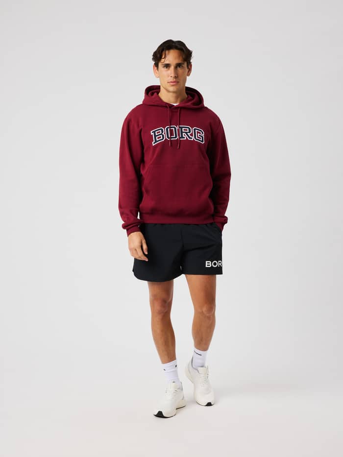 Male model wearing the Borg Classic Print Hoodie in Cabernet (burgundy) featuring a white logo on the chest.