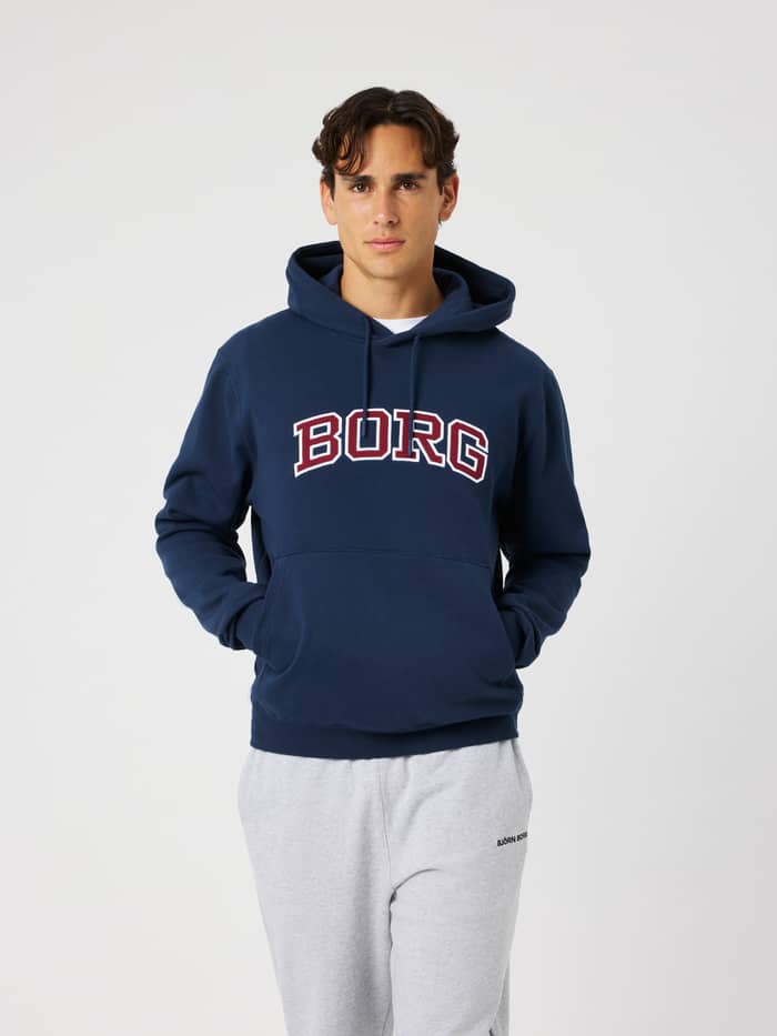 Front view of the Borg Classic Print Hoodie in Dress Blues featuring a red and white BORG logo on the chest.