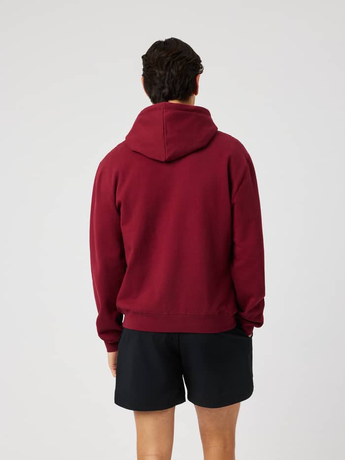 Back view of the Borg Classic Print Hoodie in Cabernet (burgundy) showing the hood and clean design.