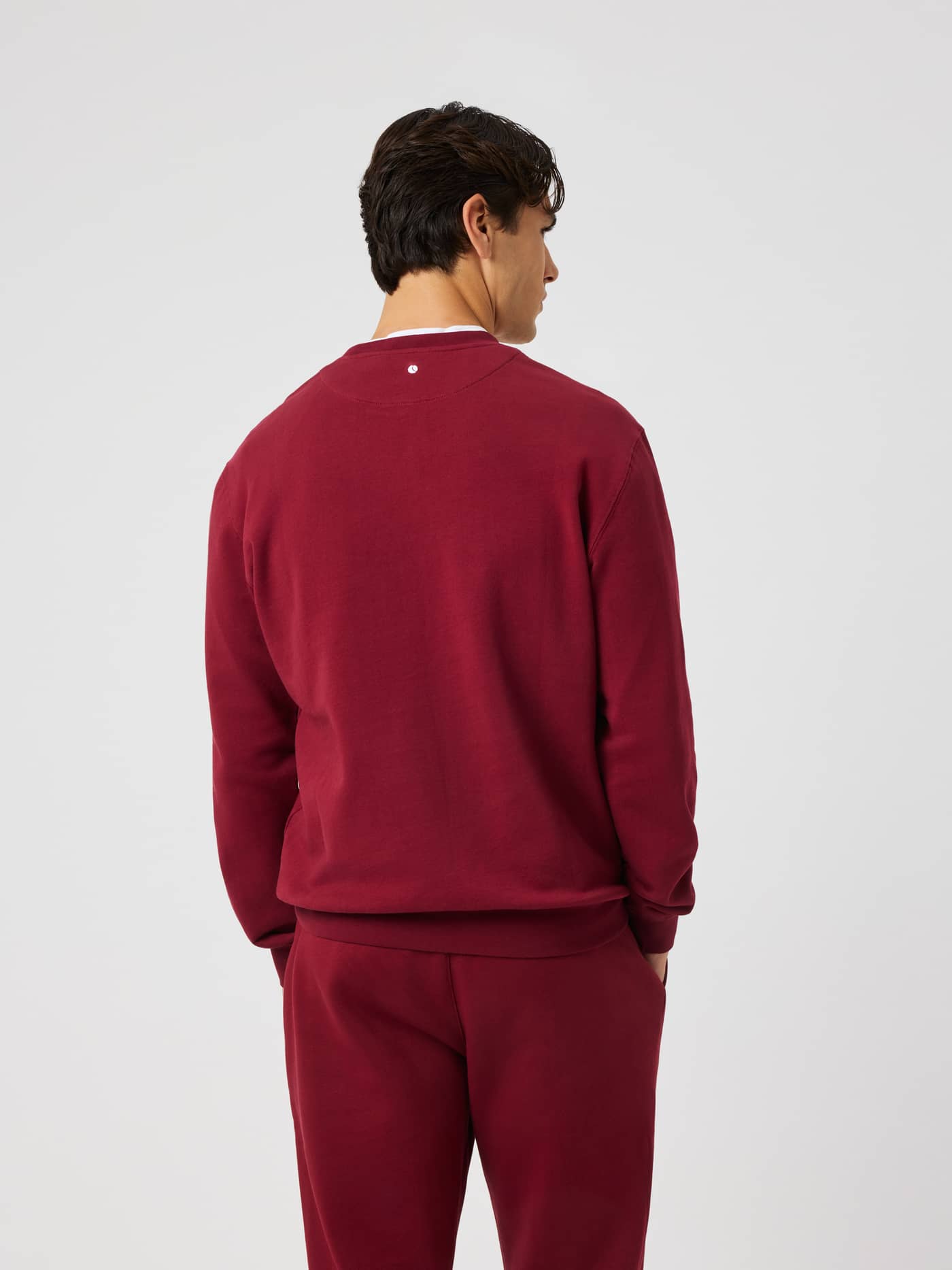 Back view of the Borg Classic Print Sweatshirt in Cabernet (Red) showing the neckline detail on a male model. - Image 2