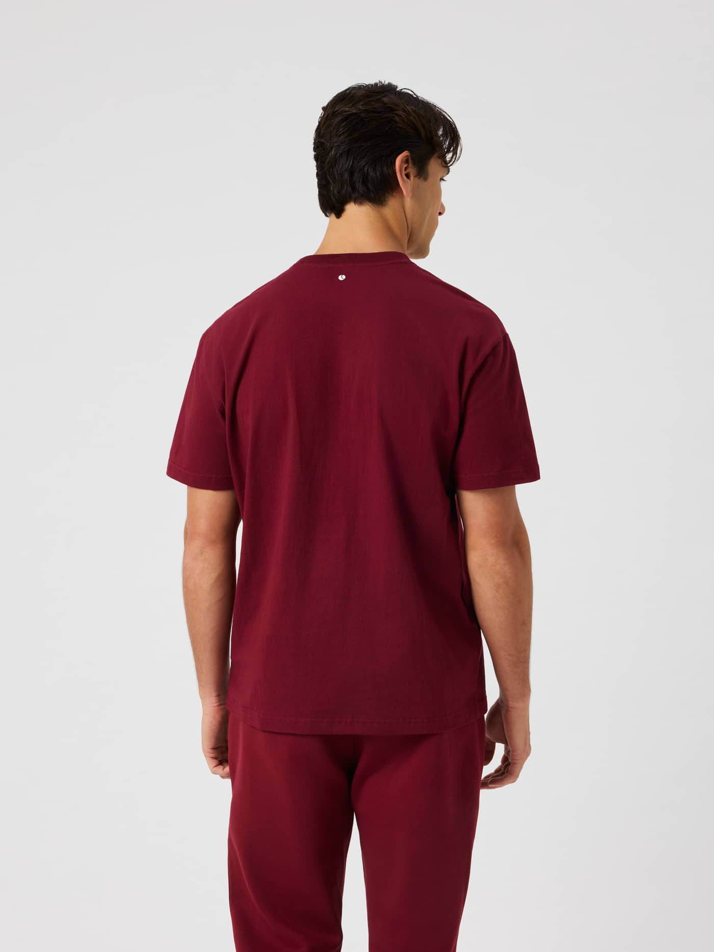 Back view of the Borg Classic Print T-Shirt in Cabernet (red) worn by a model. - Image 2