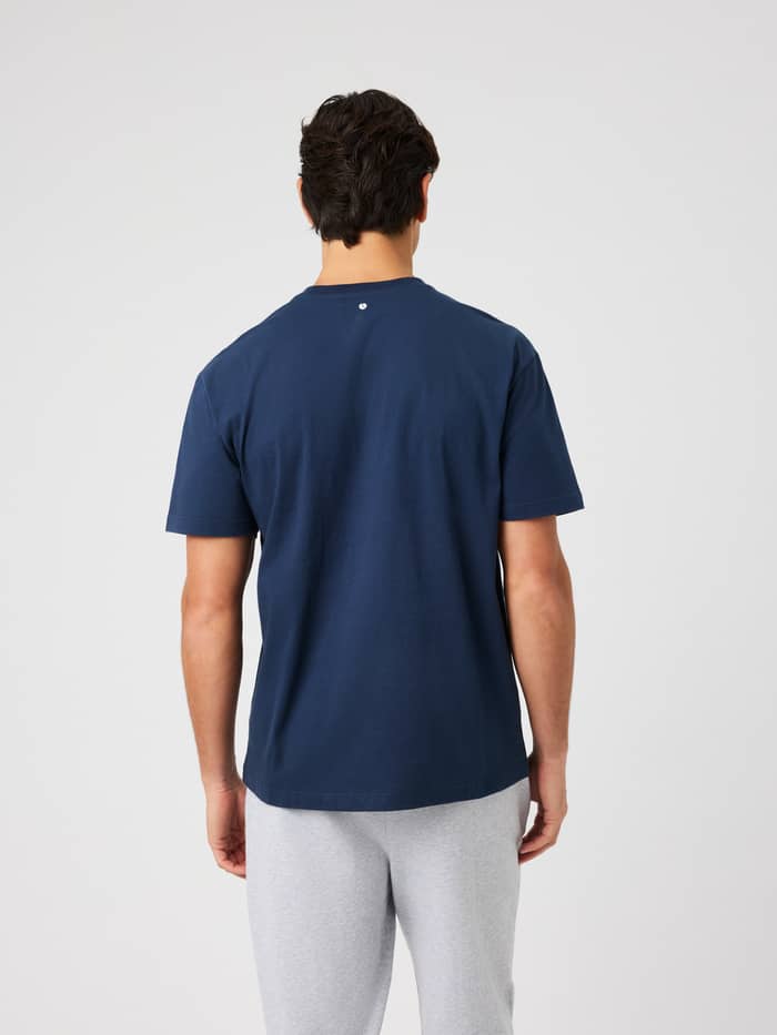 Back view of the Borg Classic Print T-Shirt in Dress Blues (Navy) showing the fit and neckline.