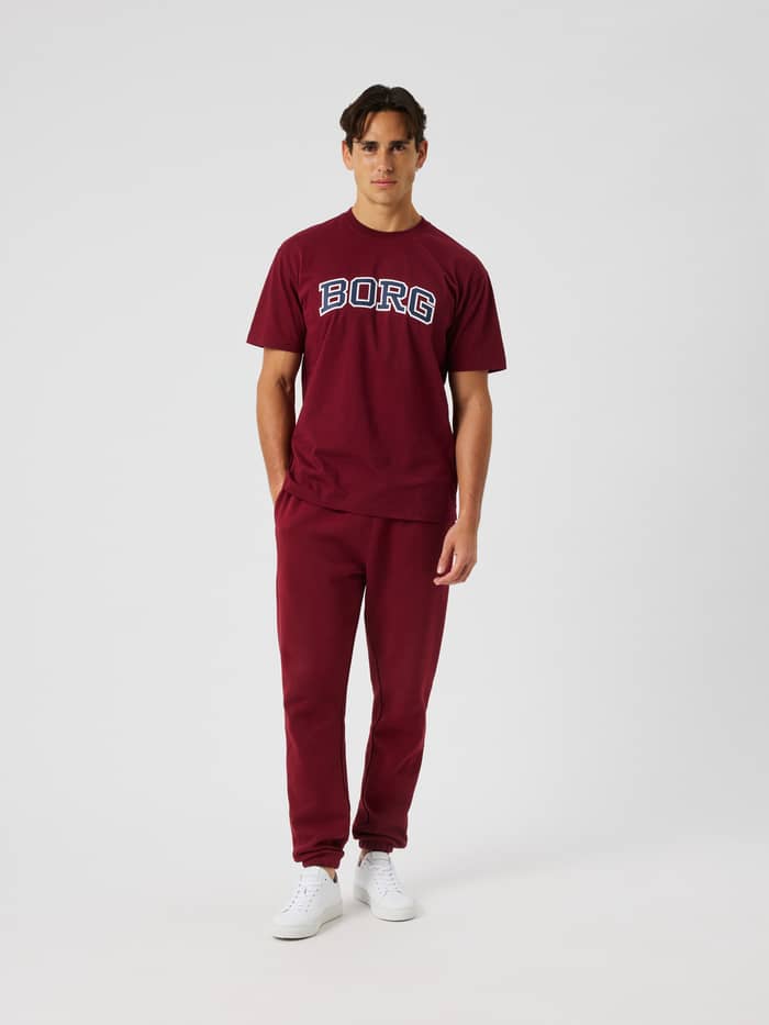Male model wearing the Borg Classic Print T-Shirt in Cabernet (Red) with a collegiate BORG logo on the chest.