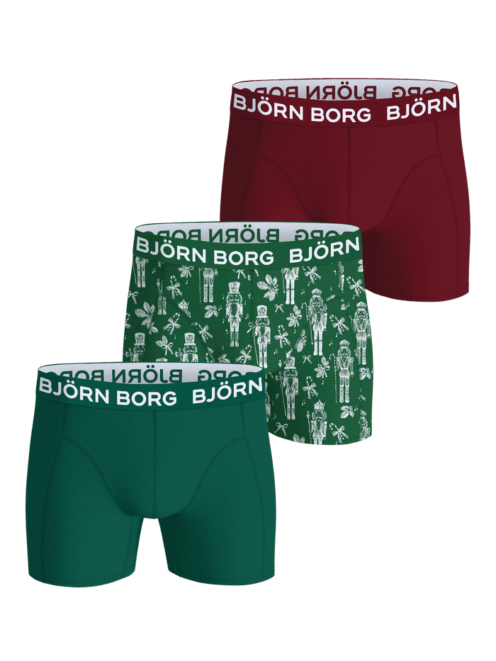 Cotton Stretch Boxers 3-pack in red, green and holiday print featuring a white elastic logo waistband.