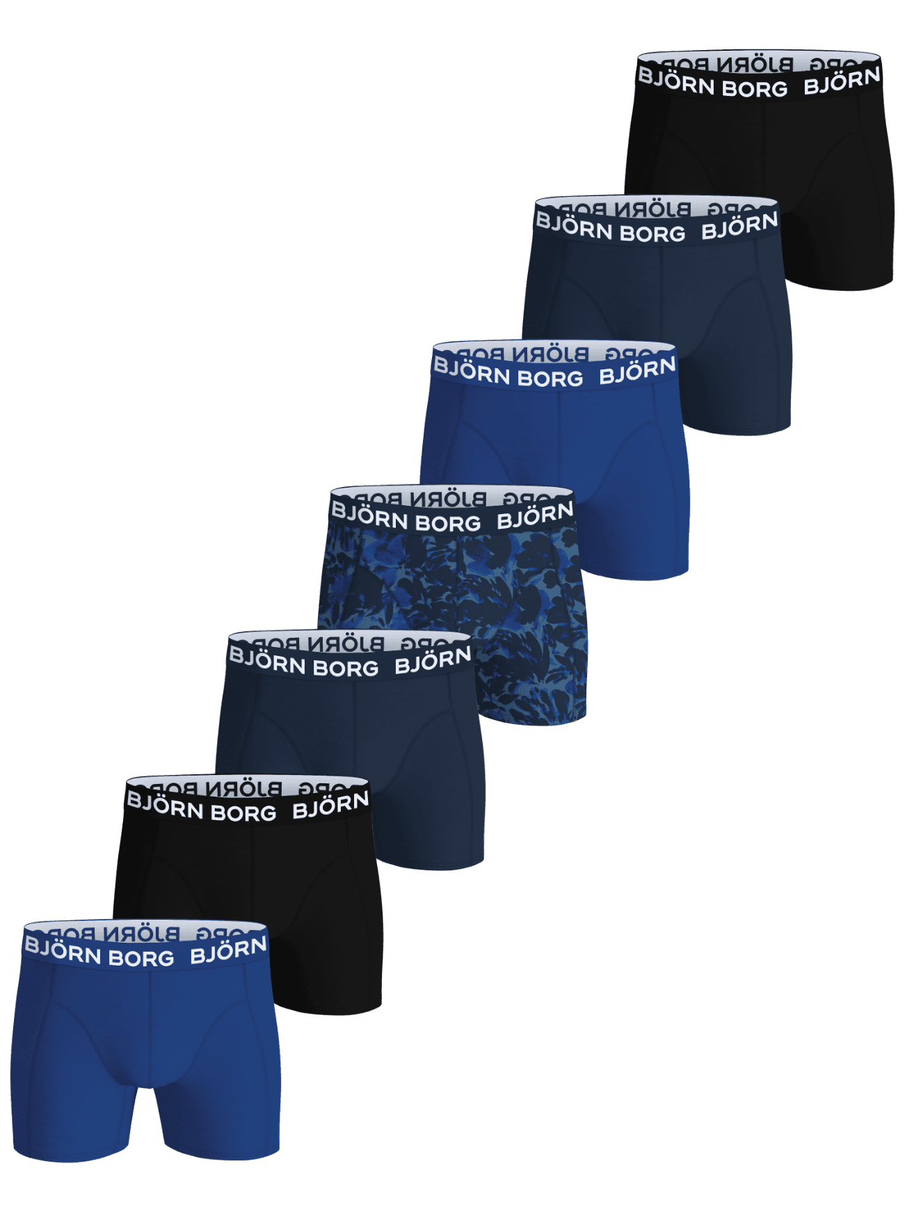 Front view of the Cotton Stretch Boxers 7-pack featuring black, blue, and printed pairs with iconic waistbands. - Image 1