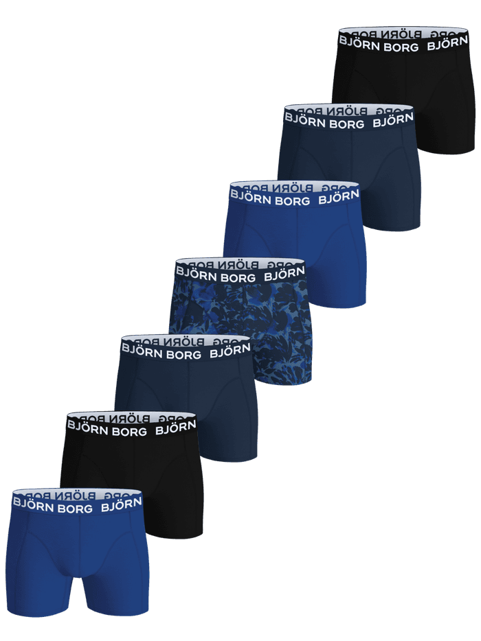 Front view of the Cotton Stretch Boxers 7-pack featuring black, blue, and printed pairs with iconic waistbands.