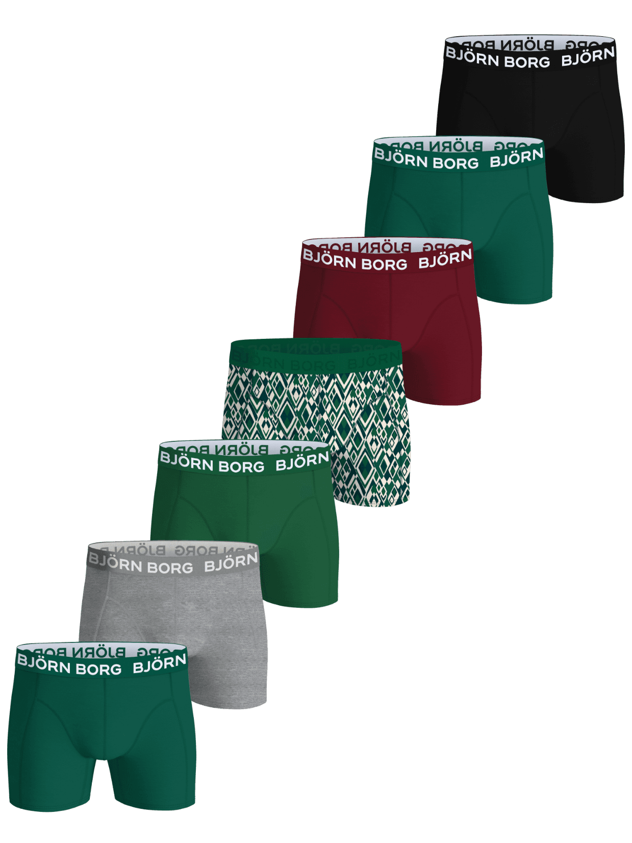 Front view of Cotton Stretch Boxer briefs 7-pack for kids showing the multi-color assortment and white logo waistbands. - Image 1